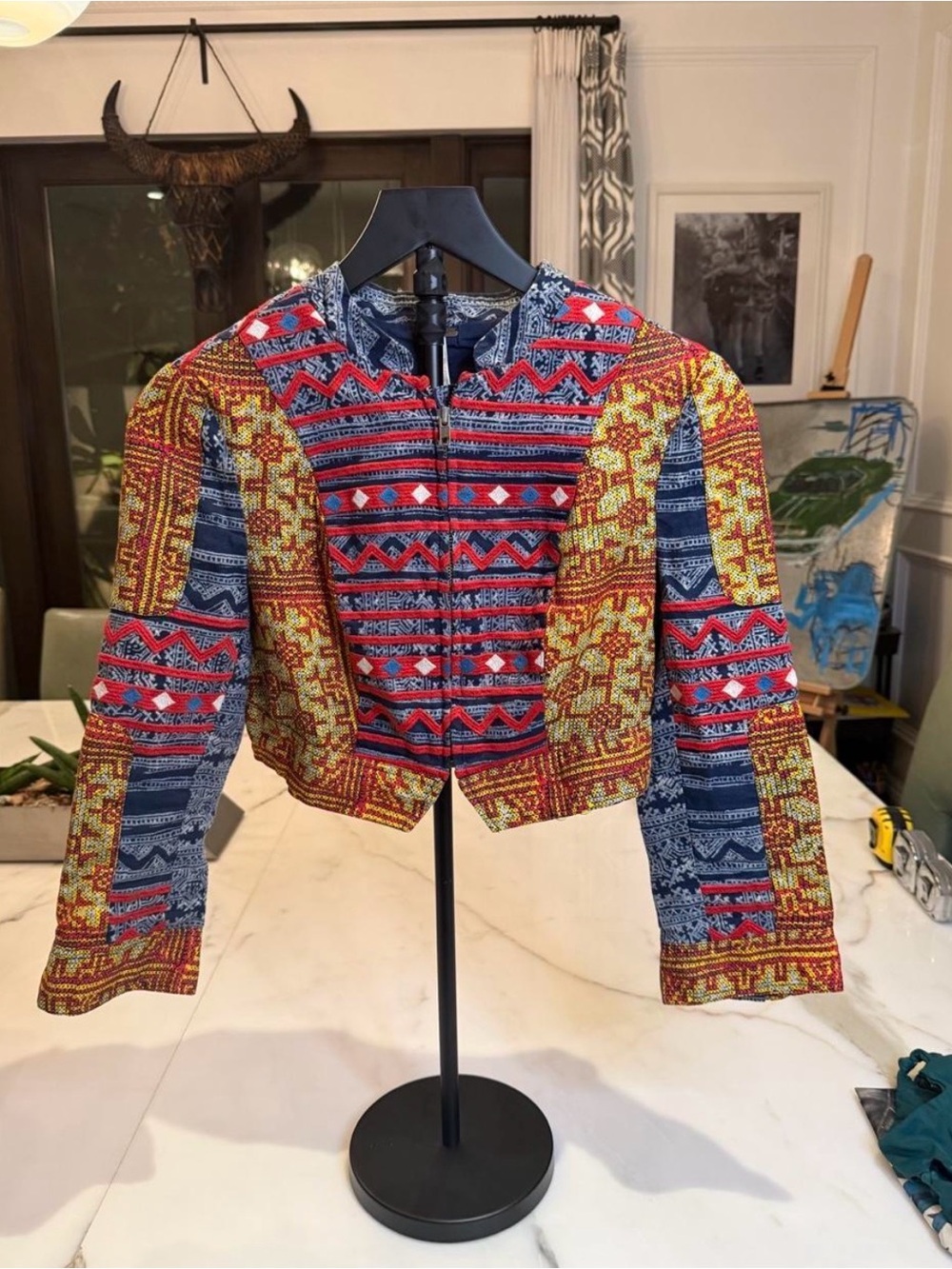 Free People Cropped Printed Blazer in Red, Blue, Gold military bohemian